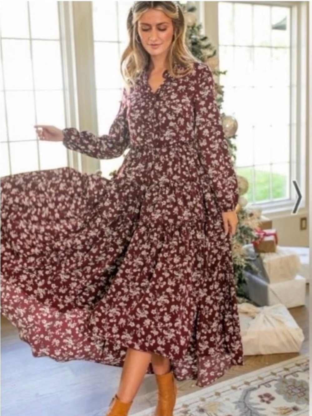 Ivy City Elizabeth Dress Floral Long-Sleeve Tiered Maxi Dress - Burgundy Floral